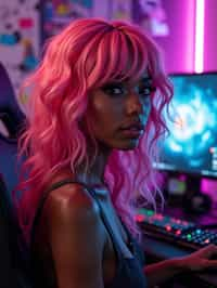 amazingly detailed man, masterpiece, ultra hd, full shot, dynamic angle, beautiful girl, computer gamer, gaming computer, gaming chair, playing cyberpunk 2077, neon bedroom, streamer setup, , cyberpunk theme, wild long hair, Wavy Cut with Curtain Bangs, bubblegum pink hair, high detail hair, smokey eye shadow, high detail skin, high detail eyes, seductive eyes, smokey makeup