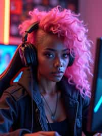 amazingly detailed man, masterpiece, ultra hd, full shot, dynamic angle, beautiful girl, computer gamer, gaming computer, gaming chair, playing cyberpunk 2077, neon bedroom, streamer setup, , cyberpunk theme, wild long hair, Wavy Cut with Curtain Bangs, bubblegum pink hair, high detail hair, smokey eye shadow, high detail skin, high detail eyes, seductive eyes, smokey makeup