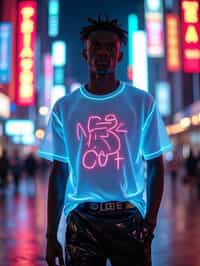 man wearing  holographic t-shirt and cybernetic trousers in a neon-lit Bladerunner-inspired cityscape