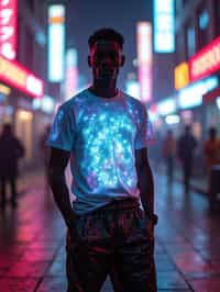 man wearing  holographic t-shirt and cybernetic trousers in a neon-lit Bladerunner-inspired cityscape