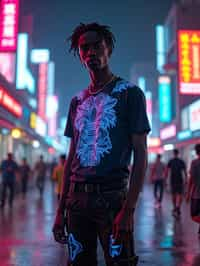 man wearing  holographic t-shirt and cybernetic trousers in a neon-lit Bladerunner-inspired cityscape