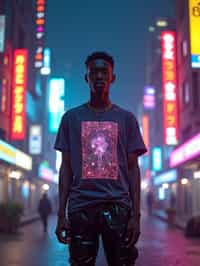 man wearing  holographic t-shirt and cybernetic trousers in a neon-lit Bladerunner-inspired cityscape