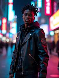 cosplayer man in a cyberpunk outfit, posing against the backdrop of bright city lights