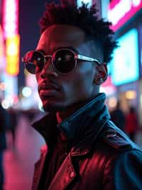 cosplayer man in a cyberpunk outfit, posing against the backdrop of bright city lights