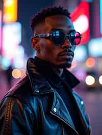 cosplayer man in a cyberpunk outfit, posing against the backdrop of bright city lights