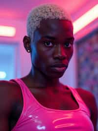 man with platinum blonde hair, in neon bar, cyberpunk, pink latex crop top, professional award winning photography, beautiful detailed eyes, highly detailed glossy eyes, high detailed skin, skin pores