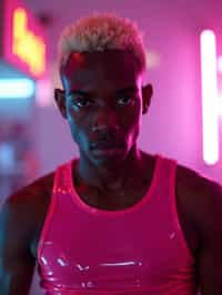 man with platinum blonde hair, in neon bar, cyberpunk, pink latex crop top, professional award winning photography, beautiful detailed eyes, highly detailed glossy eyes, high detailed skin, skin pores