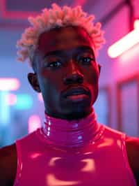 man with platinum blonde hair, in neon bar, cyberpunk, pink latex crop top, professional award winning photography, beautiful detailed eyes, highly detailed glossy eyes, high detailed skin, skin pores