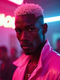 man with platinum blonde hair, in neon bar, cyberpunk, pink latex crop top, professional award winning photography, beautiful detailed eyes, highly detailed glossy eyes, high detailed skin, skin pores