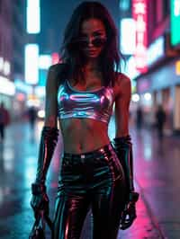 woman wearing sleek leather pants with neon highlights and holographic top in a Bladerunner-inspired cityscape