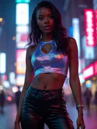 woman wearing sleek leather pants with neon highlights and holographic top in a Bladerunner-inspired cityscape