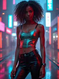 woman wearing sleek leather pants with neon highlights and holographic top in a Bladerunner-inspired cityscape