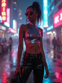 woman wearing sleek leather pants with neon highlights and holographic top in a Bladerunner-inspired cityscape