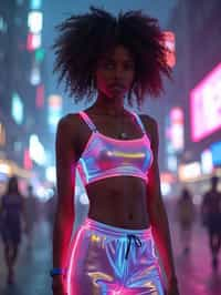 woman wearing sporty neon crop top  and holographic joggers in a dystopian digital cityscape