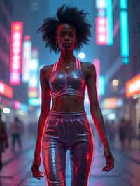 woman wearing sporty neon crop top  and holographic joggers in a dystopian digital cityscape