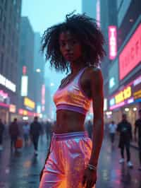 woman wearing sporty neon crop top  and holographic joggers in a dystopian digital cityscape