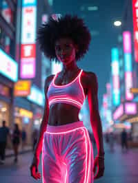 woman wearing sporty neon crop top  and holographic joggers in a dystopian digital cityscape