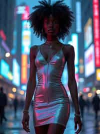 woman wearing holographic bodycon dress  in a cybernetic cityscape