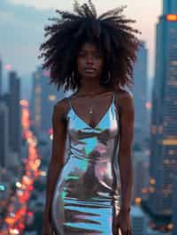 woman wearing holographic bodycon dress  in a cybernetic cityscape