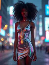 woman wearing holographic bodycon dress  in a cybernetic cityscape