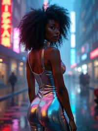 woman wearing holographic bodycon dress  in a cybernetic cityscape