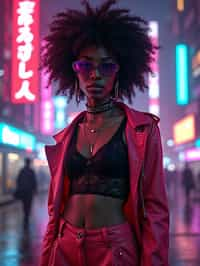 cyberpunk woman with futuristic cyberpunk neon clothes standing in cyberpunk city with neon lights city on Mars in future, neon billboards, skyscrapers