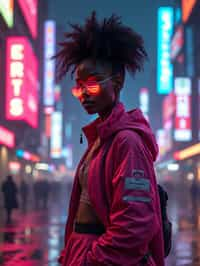 cyberpunk woman with futuristic cyberpunk neon clothes standing in cyberpunk city with neon lights city on Mars in future, neon billboards, skyscrapers