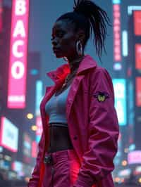 cyberpunk woman with futuristic cyberpunk neon clothes standing in cyberpunk city with neon lights city on Mars in future, neon billboards, skyscrapers