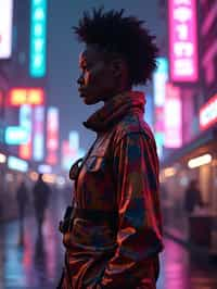 cyberpunk woman with futuristic cyberpunk neon clothes standing in cyberpunk city with neon lights city on Mars in future, neon billboards, skyscrapers