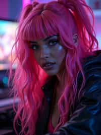 amazingly detailed woman, masterpiece, ultra hd, full shot, dynamic angle, beautiful girl, computer gamer, gaming computer, gaming chair, playing cyberpunk 2077, neon bedroom, streamer setup, , cyberpunk theme, wild long hair, Wavy Cut with Curtain Bangs, bubblegum pink hair, high detail hair, smokey eye shadow, high detail skin, high detail eyes, seductive eyes, smokey makeup