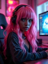 amazingly detailed woman, masterpiece, ultra hd, full shot, dynamic angle, beautiful girl, computer gamer, gaming computer, gaming chair, playing cyberpunk 2077, neon bedroom, streamer setup, , cyberpunk theme, wild long hair, Wavy Cut with Curtain Bangs, bubblegum pink hair, high detail hair, smokey eye shadow, high detail skin, high detail eyes, seductive eyes, smokey makeup