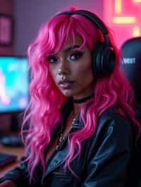 amazingly detailed woman, masterpiece, ultra hd, full shot, dynamic angle, beautiful girl, computer gamer, gaming computer, gaming chair, playing cyberpunk 2077, neon bedroom, streamer setup, , cyberpunk theme, wild long hair, Wavy Cut with Curtain Bangs, bubblegum pink hair, high detail hair, smokey eye shadow, high detail skin, high detail eyes, seductive eyes, smokey makeup