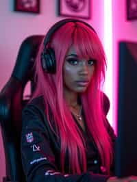 amazingly detailed woman, masterpiece, ultra hd, full shot, dynamic angle, beautiful girl, computer gamer, gaming computer, gaming chair, playing cyberpunk 2077, neon bedroom, streamer setup, , cyberpunk theme, wild long hair, Wavy Cut with Curtain Bangs, bubblegum pink hair, high detail hair, smokey eye shadow, high detail skin, high detail eyes, seductive eyes, smokey makeup