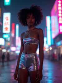 woman wearing holographic crop top and digital shorts  in a neon-lit Bladerunner-inspired cityscape