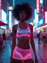 woman wearing holographic crop top and digital shorts  in a neon-lit Bladerunner-inspired cityscape