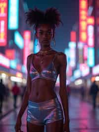 woman wearing holographic crop top and digital shorts  in a neon-lit Bladerunner-inspired cityscape