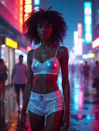 woman wearing holographic crop top and digital shorts  in a neon-lit Bladerunner-inspired cityscape