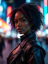 cosplayer woman in a cyberpunk outfit, posing against the backdrop of bright city lights