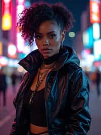 cosplayer woman in a cyberpunk outfit, posing against the backdrop of bright city lights