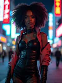 cosplayer woman in a cyberpunk outfit, posing against the backdrop of bright city lights