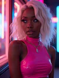 woman with platinum blonde hair, in neon bar, cyberpunk, pink latex crop top, professional award winning photography, beautiful detailed eyes, highly detailed glossy eyes, high detailed skin, skin pores