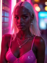 woman with platinum blonde hair, in neon bar, cyberpunk, pink latex crop top, professional award winning photography, beautiful detailed eyes, highly detailed glossy eyes, high detailed skin, skin pores