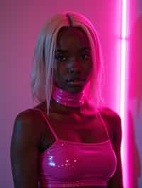 woman with platinum blonde hair, in neon bar, cyberpunk, pink latex crop top, professional award winning photography, beautiful detailed eyes, highly detailed glossy eyes, high detailed skin, skin pores