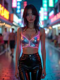 woman wearing sleek leather pants with neon highlights and holographic top in a Bladerunner-inspired cityscape