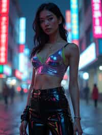 woman wearing sleek leather pants with neon highlights and holographic top in a Bladerunner-inspired cityscape