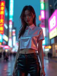 woman wearing sleek leather pants with neon highlights and holographic top in a Bladerunner-inspired cityscape