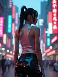 woman wearing sleek leather pants with neon highlights and holographic top in a Bladerunner-inspired cityscape