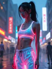 woman wearing sporty neon crop top  and holographic joggers in a dystopian digital cityscape