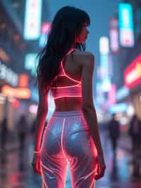 woman wearing sporty neon crop top  and holographic joggers in a dystopian digital cityscape