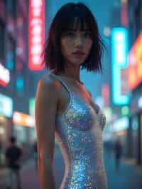 woman wearing holographic bodycon dress  in a cybernetic cityscape